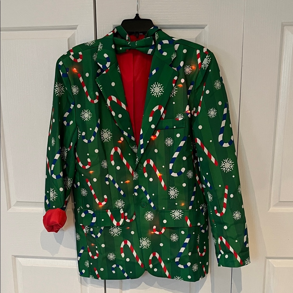 CELEBRATE TOGETHER Men’s MEDIUM Festive Green Blazer Candy Cane Print Red White